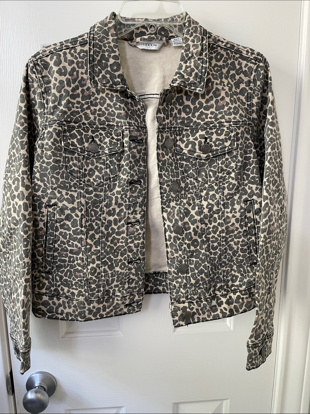 Serra Leopard-Print Jean Jacket in Taupe and Black